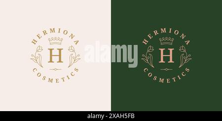 Elegant flowers and royal crown logo template linear vector illustration. Botanical branch and monogram letter emblem design for cosmetics packaging o Stock Vector