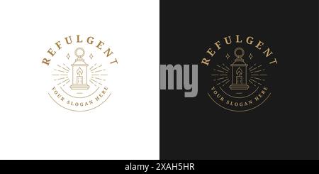 Minimal vector illustration of simple golden linear design of glowing lantern template on elegant emblem for illumination services and products line s Stock Vector