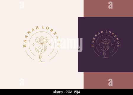 Simple vector illustration of linear style emblem template with elegant flower growing and shining designed for professional gardening industry busine Stock Vector
