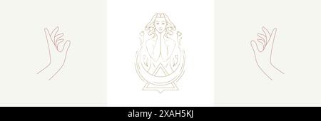Magic woman with crescent and praying female hands gestures in boho linear style vector illustrations set. Elegant bohemian emblems line art feminine Stock Vector