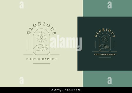 Simple vector illustration of linear style emblem template with female hand holding shimmering star in window designed for photography agency line sty Stock Vector
