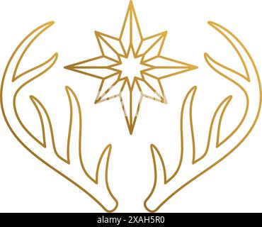 Simple vector illustration of linear style logo template of elegant deer antlers with golden star hand drawn with thin lines Stock Vector