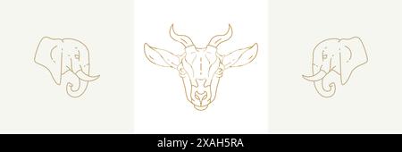 Heads of elephants and goat in linear style vector illustrations set. Simple emblems in golden lines with fantasy creature animals symbols for mystic Stock Vector