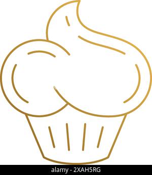 Simple vector illustration of linear style emblem design template of delicious cupcake with sweet topping hand drawn with golden lines Stock Vector