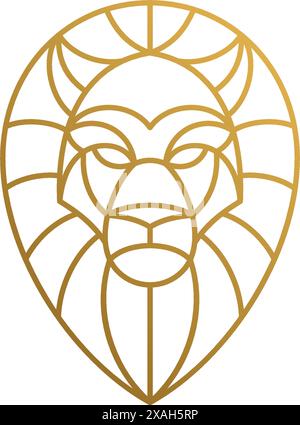 Minimal vector illustration of linear style logo design template of golden geometric lion head as aggressive apex predator Stock Vector