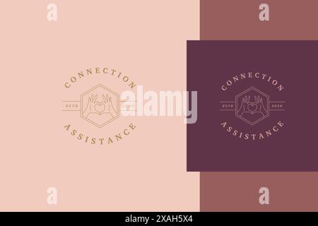 Minimal vector illustration of hexagon shaped linear style emblem template with female hands gesturing heart designed for organization offering connec Stock Vector