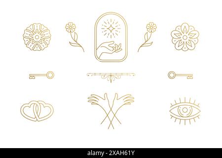 Vector line elegant decoration design elements set - flowers and gesture hands illustrations minimal linear style. Collection bohemian delicate outlin Stock Vector