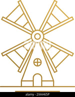 Simple vector illustration of outline graphic logo design template of traditional windmill for agricultural industry hand drawn with golden lines Stock Vector