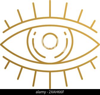 Simple vector illustration of linear style icon design template of open eye with eyelashes hand drawn with thin golden lines Stock Vector