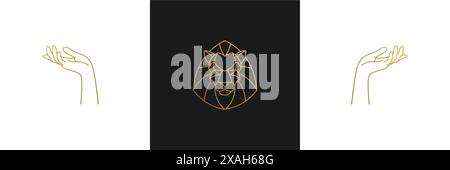 Vector line elegant decoration design elements set - lion head and gesture hands illustrations minimal linear style. Collection bohemian delicate outl Stock Vector