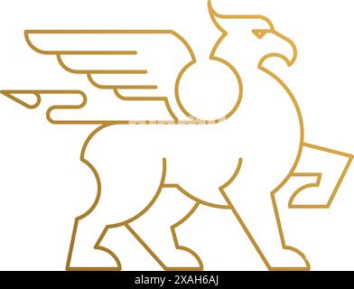 Simple vector illustration of linear style emblem design template of gorgeous mythical creature called griffin hand drawn with golden lines Stock Vector