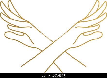 Simple vector illustration of linear style logo design template of elegant crossed female hands with open palms drawn with golden lines Stock Vector