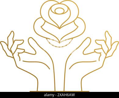 Simple vector illustration of linear style logo design template of female hands nurturing growing rose flower drawn with thin golden lines Stock Vector