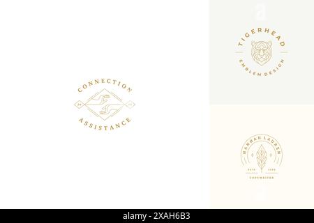 Vector line logos emblems design templates set - female gesture hands illustrations simple minimal linear style. Outline graphics for cosmetology bran Stock Vector