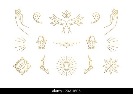 Vector line elegant decoration design elements set - star and gesture hands illustrations minimal linear style. Collection bohemian delicate outline g Stock Vector