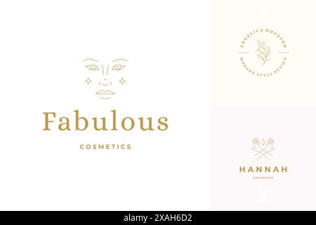 Vector line logos emblems design templates set - female face and gesture hands illustrations simple minimal linear style. Outline graphics for hairdre Stock Vector