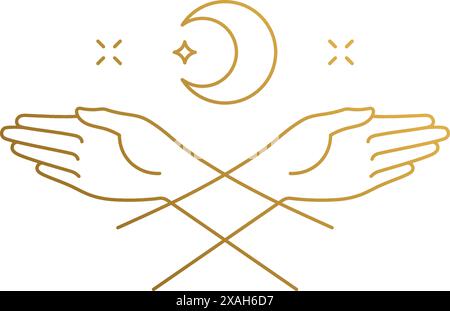 Simple vector illustration of linear style logo design template of elegant crossed female hands with open palms drawn with golden lines Stock Vector