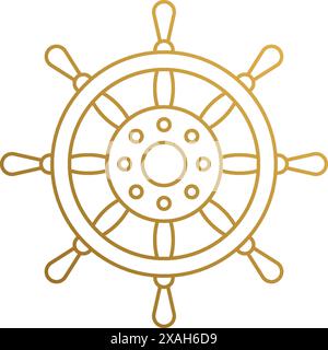 Minimal vector illustration of outline graphic logo design template of elegant vintage steering wheel of ship hand drawn with golden lines Stock Vector