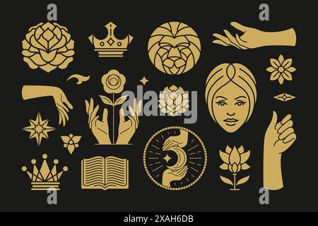 Magic and mystic vector design elements set with female hands gestures. Hand drawn silhouettes, spiritual stickers collection. Witchcraft symbols for Stock Vector