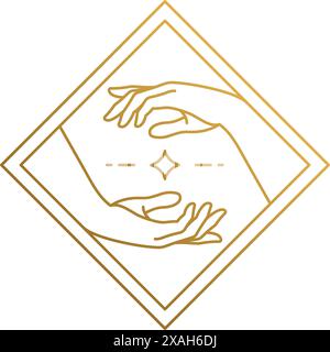 Minimal vector illustration of outline graphic design template of female gesture hands holding star and symbolizing jewelry industry drawn with golden Stock Vector