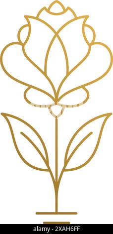 Simple vector illustration of minimal linear style emblem design template of elegant beautiful rose hand drawn with thin golden lines Stock Vector