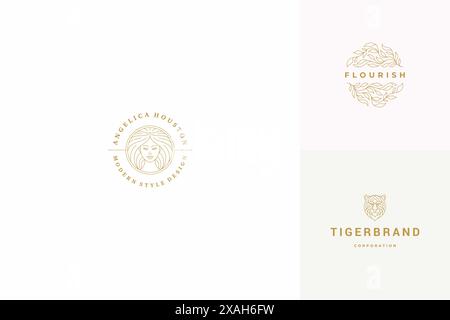 Vector line logos emblems design templates set - female face and leaves illustrations simple minimal linear style. Outline graphics for hairdresser br Stock Vector
