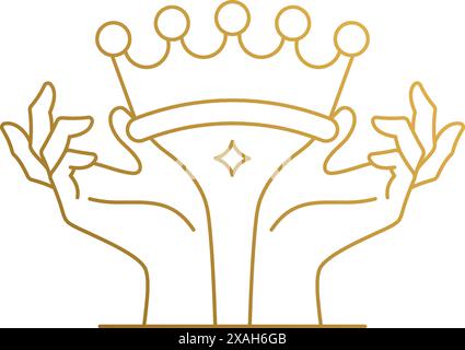 Simple vector illustration of linear style logo design template of female hands holding crown drawn with thin golden lines Stock Vector