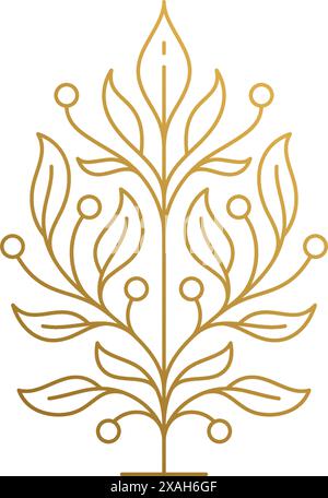 Minimal vector illustration of outline logo design template of growing tree with leaves and berries hand drawn with golden lines Stock Vector