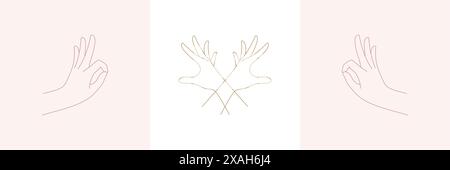 Crossed woman hands and sign ok sign in boho linear style vector illustrations set. Simple bohemian emblems in golden lines with hand gestures for log Stock Vector