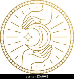 Simple vector illustration of outline logo design template of female hands holding crescent moon and shining stars inside striped round frame Stock Vector