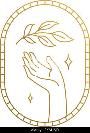 Minimal vector illustration of outline graphic emblem template of female hand with tree branch and stars in stripe oval golden frame Stock Vector