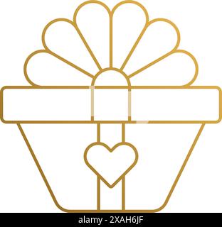 Minimal vector illustration of linear style emblem of present box with tied ribbon and heart hand drawn with golden lines Stock Vector