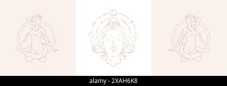 Magic female nature enchantress and snake in boho linear style vector illustrations set. Bohemian emblems in golden lines with dreaming woman goddess Stock Vector