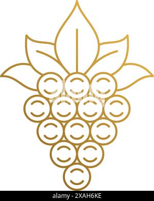 Minimal vector illustration of linear style emblem template of bunch of grapes as symbol of winery hand drawn with golden lines Stock Vector