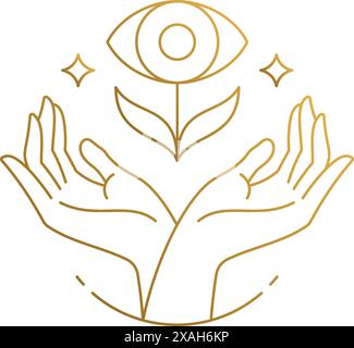 Minimal vector illustration of linear style emblem design template of crop hands holding mystical eye flower drawn with golden lines Stock Vector