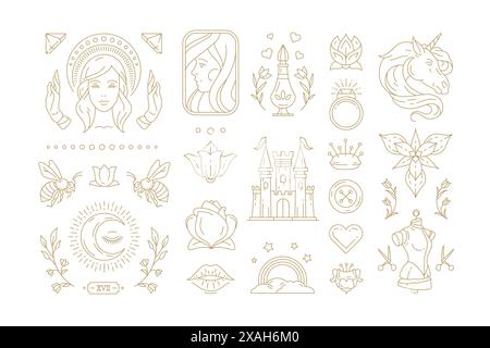 Esoteric and mystic linear symbols set vector illustrations. Fairy tale with princess emblems and other line art elements isolated on white background Stock Vector
