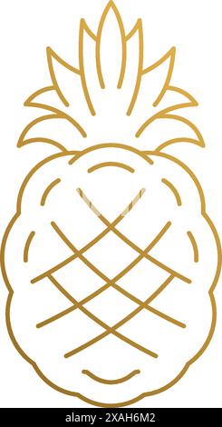 Simple vector illustration of minimal linear style emblem design template of elegant exotic pineapple hand drawn with thin golden lines Stock Vector