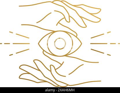 Minimal vector illustration of outline graphic emblem template of Woman hands of fortune teller holding eye of providence drawn with golden lines Stock Vector