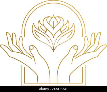 Simple vector illustration of linear style logo template of female hands holding elegant flower in window drawn with golden lines Stock Vector