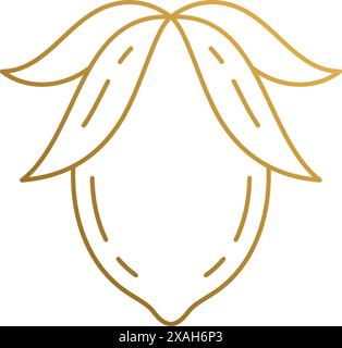 Minimal vector illustration of elegant linear style icon template of fresh healthy lemon with leaves hand drawn with golden lines Stock Vector