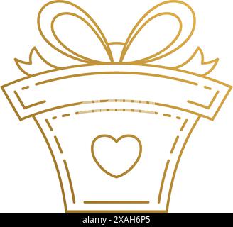 Minimal vector illustration of linear style emblem of present box with tied ribbon and heart hand drawn with golden lines Stock Vector