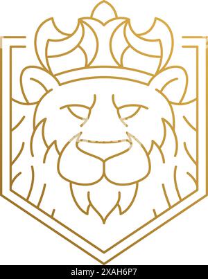 Minimal vector illustration of outline emblem of gorgeous lion in crown as king of animals hand drawn with golden lines Stock Vector