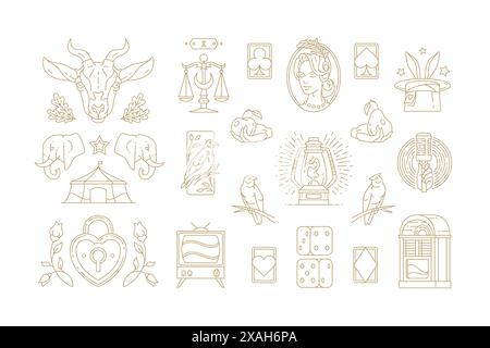 Esoteric and religious linear symbols set vector illustrations. of various outline symbols and emblems with esoteric and religious elements isolated o Stock Vector
