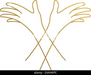 Simple vector illustration of linear style logo design template of elegant crossed female hands with open palms drawn with golden lines Stock Vector