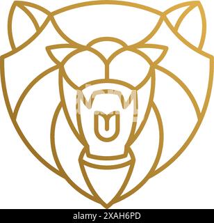 Minimal vector illustration of linear style emblem design template of geometric head of roaring bear hand drawn with golden lines Stock Vector