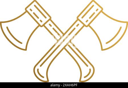 Simple vector illustration of outline graphic emblem design template of crossed axes symbolizing woodcutting industry hand drawn with golden lines Stock Vector