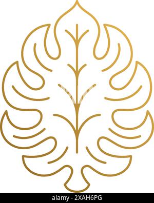 Simple vector illustration of minimal linear style emblem design template of beautiful ornamental tropical leaf hand drawn with golden lines Stock Vector
