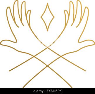 Simple vector illustration of linear style logo design template of elegant crossed female hands with open palms drawn with golden lines Stock Vector