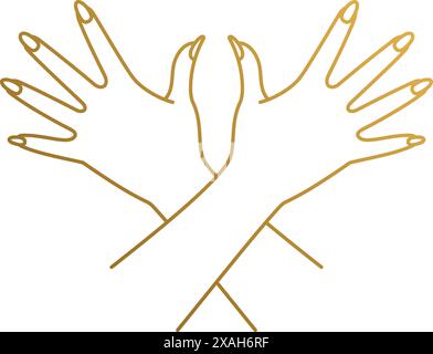 Simple vector illustration of linear style logo design template of elegant crossed female hands with open palms drawn with golden lines Stock Vector