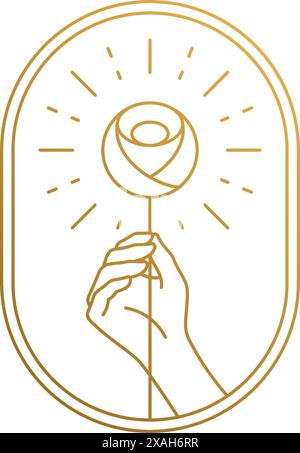 Simple vector illustration of linear style logo design template of female hands nurturing growing rose flower drawn with thin golden lines Stock Vector